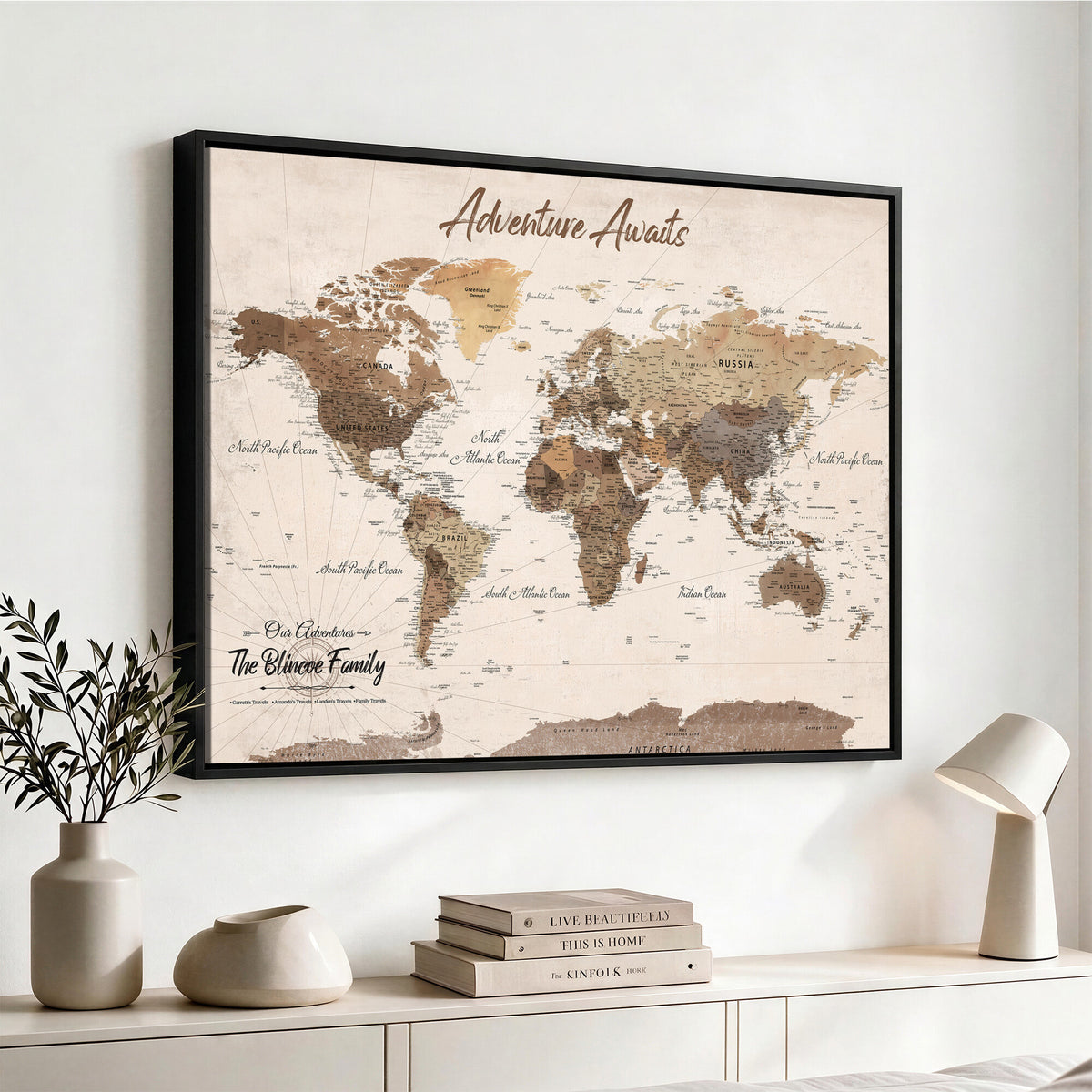 64110351-MGV-CV-36X24 - Personalized Framed White Modern Push Pin Travel Map Canvas Print, Bucket List Map, Dining Room and Study Decor