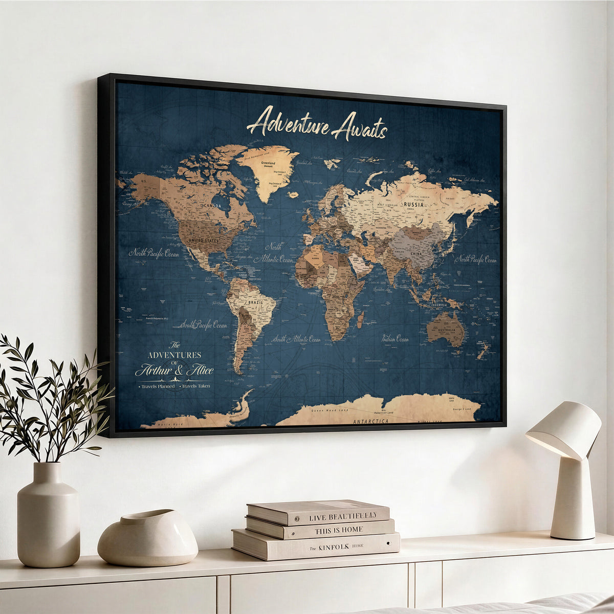 64110391-MGV-CV-36X24 - Personalized White Vintage World Travel Map Wall Art with Pins, Next Trip Planner Map, Family Room and Dining Room Decor