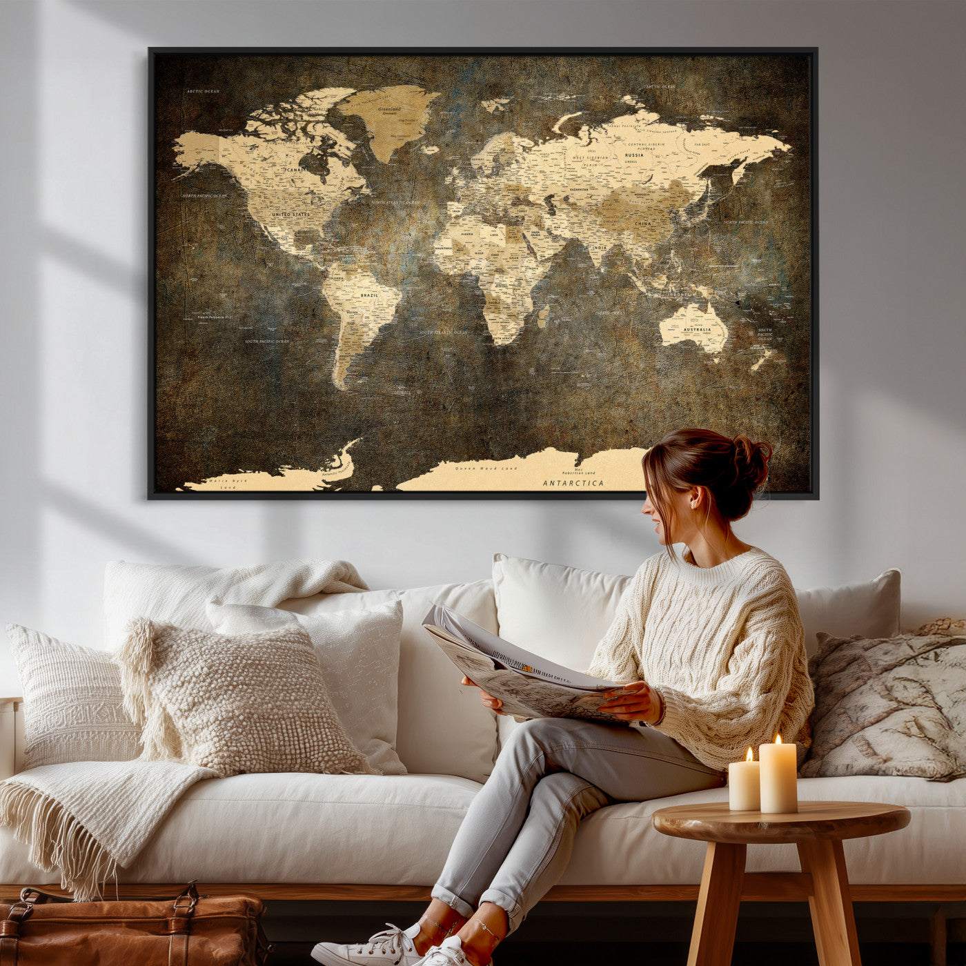89742472-MGV-CV-36X24 - World Map Wall Art Canvas Print, Modern Decorative Framed Map Artwork Prints for Living Room, Office, Bedroom Wall Decor