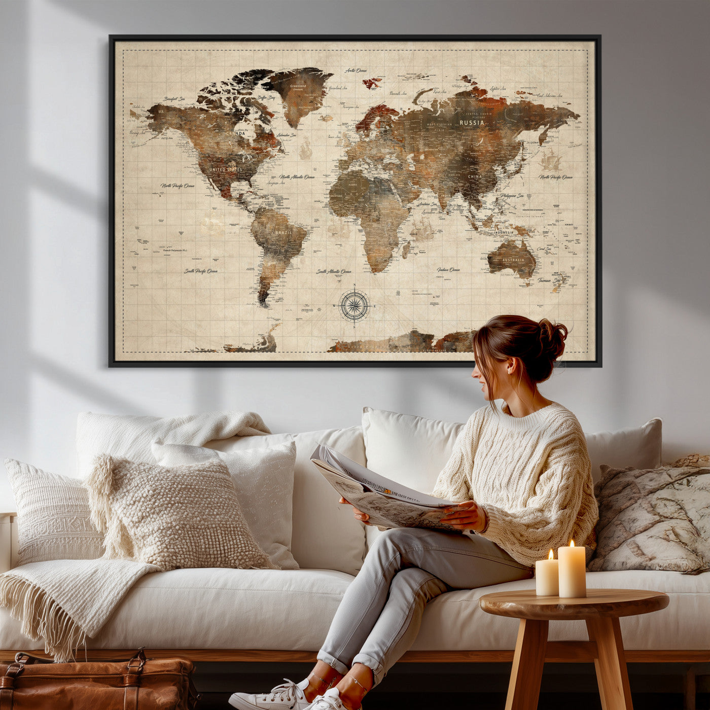 23610090-MGV-CV-36X24 - World Map Wall Art Canvas Print, Modern Decorative Framed Map Artwork Prints for Living Room, Office, Bedroom Wall Decor