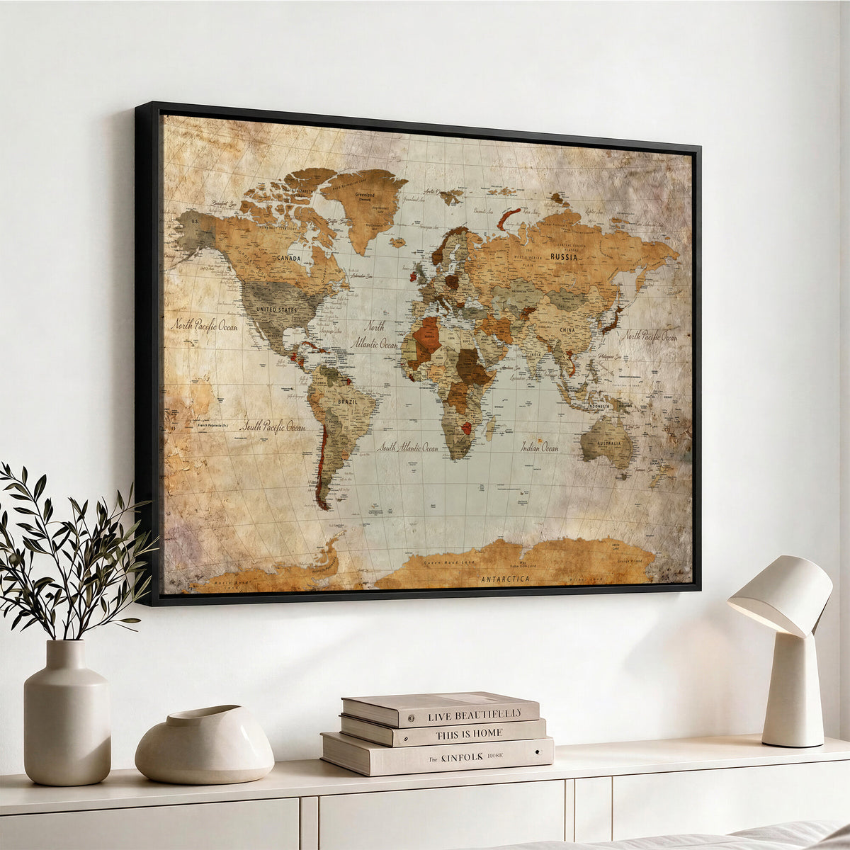 74176056-MGV-CV-36X24 - World Map Wall Art Canvas Print, Modern Decorative Framed Map Artwork Prints for Living Room, Office, Bedroom Wall Decor