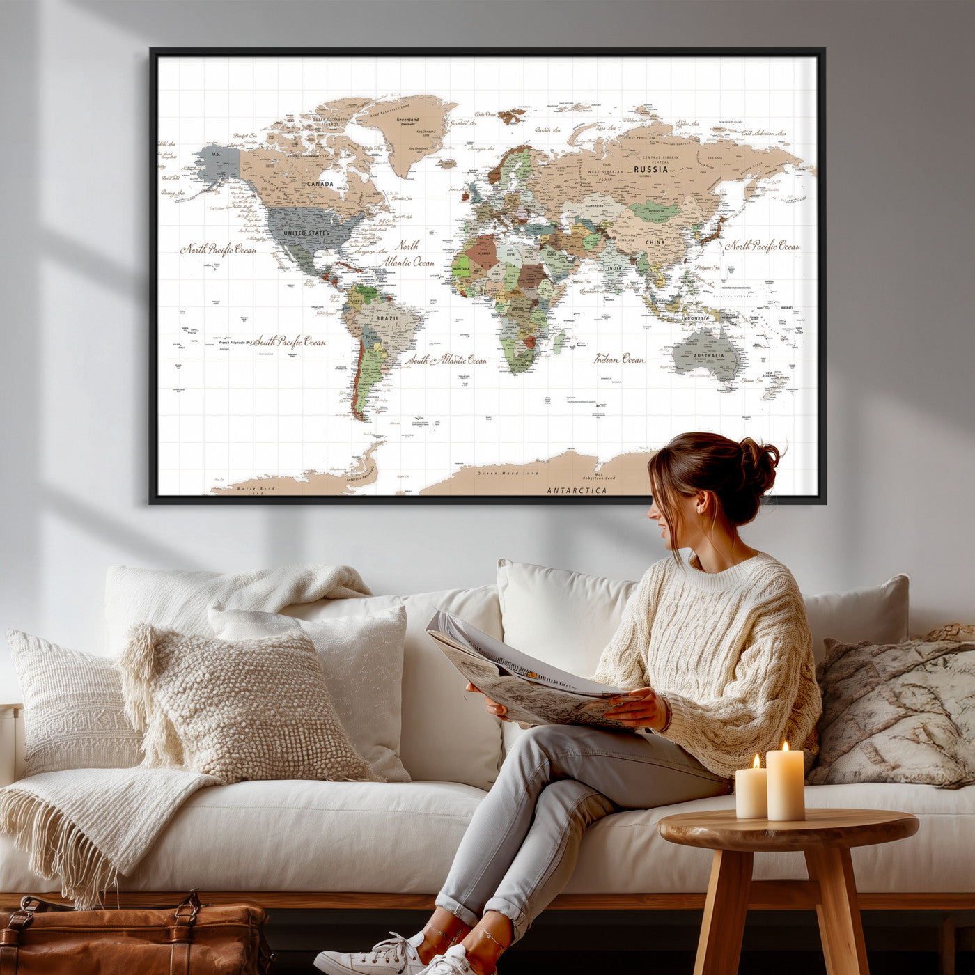 91286788-MGV-CV-36X24 - World Map Wall Art Canvas Print, Modern Decorative Framed Map Artwork Prints for Living Room, Office, Bedroom Wall Decor