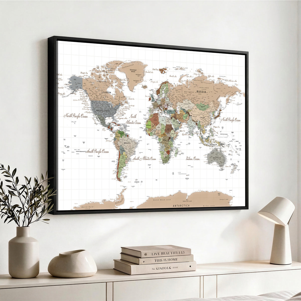 91286788-MGV-CV-36X24 - World Map Wall Art Canvas Print, Modern Decorative Framed Map Artwork Prints for Living Room, Office, Bedroom Wall Decor