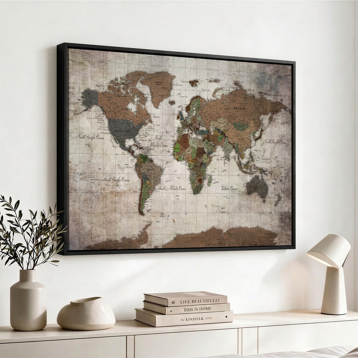 65393892-MGV-CV-36X24 - World Map Wall Art Canvas Print, Modern Decorative Framed Map Artwork Prints for Living Room, Office, Bedroom Wall Decor