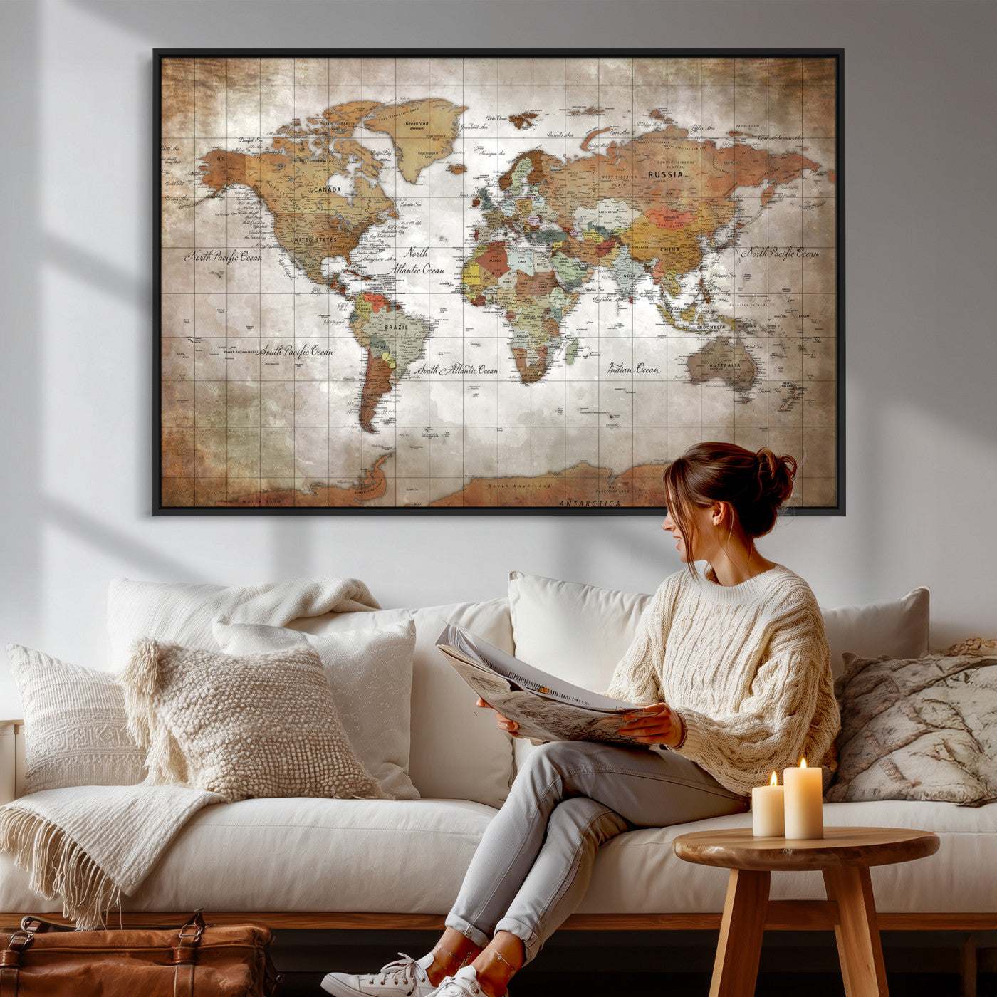 51643807-MGV-CV-36X24 - World Map Wall Art Canvas Print, Modern Decorative Framed Map Artwork Prints for Living Room, Office, Bedroom Wall Decor