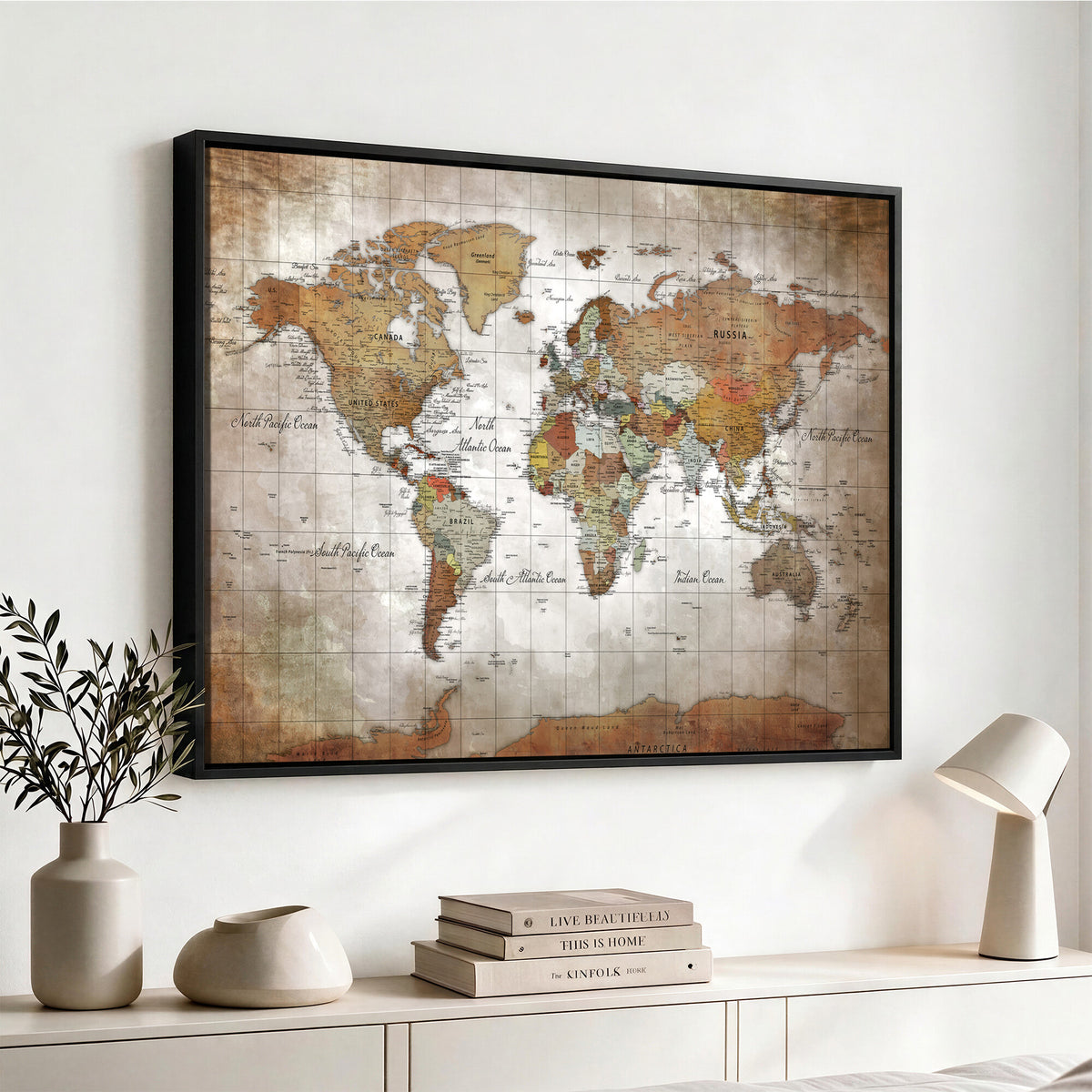 51643807-MGV-CV-36X24 - World Map Wall Art Canvas Print, Modern Decorative Framed Map Artwork Prints for Living Room, Office, Bedroom Wall Decor