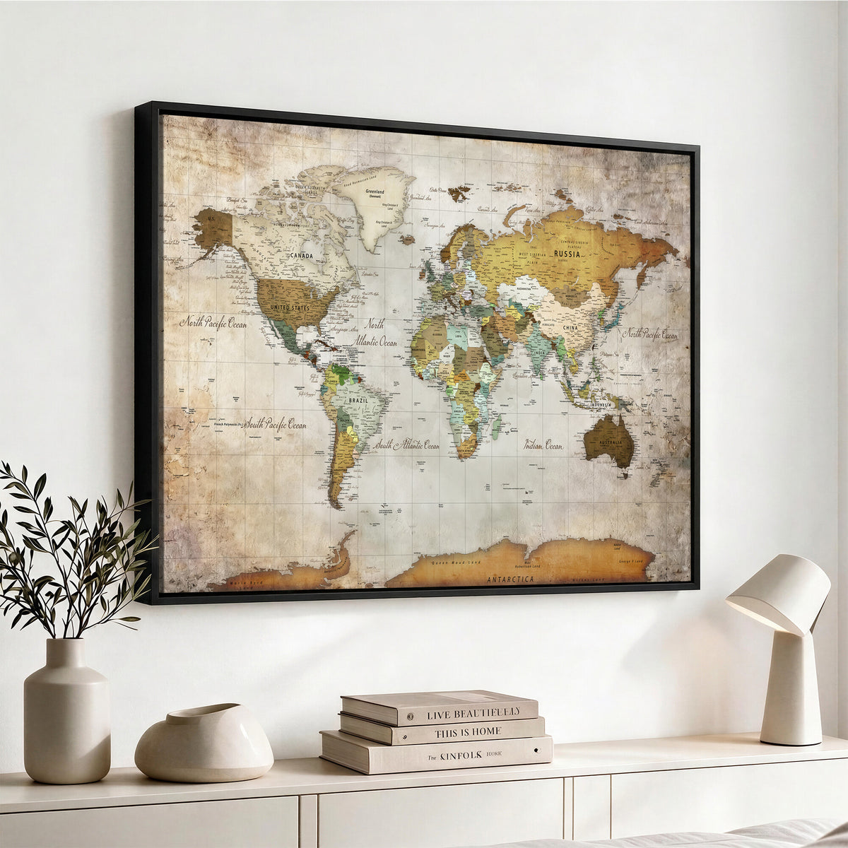 86108417-MGV-CV-36X24 - World Map Wall Art Canvas Print, Modern Decorative Framed Map Artwork Prints for Living Room, Office, Bedroom Wall Decor