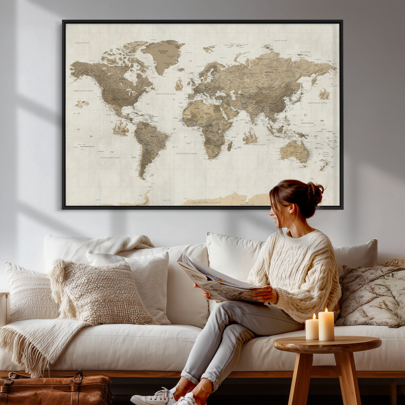 28283260-MGV-CV-36X24 - World Map Wall Art Canvas Print, Modern Decorative Framed Map Artwork Prints for Living Room, Office, Bedroom Wall Decor
