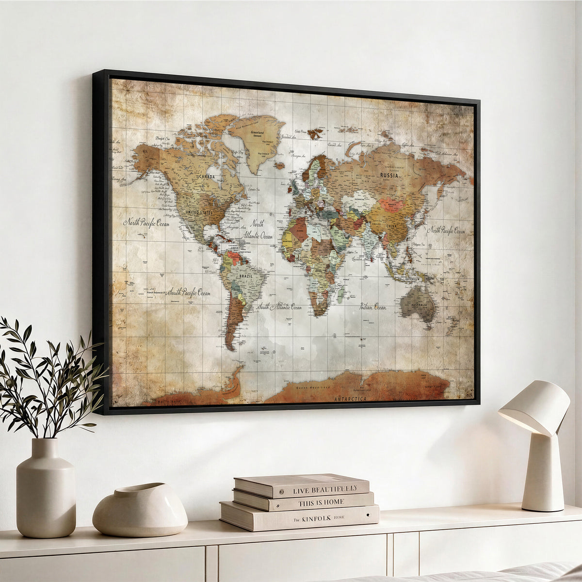 19855445-MGV-CV-36X24 - Custom Framed Modern Push Pin World Map Wall Art, Places Visited Tracker, Home Office and Entryway Decor