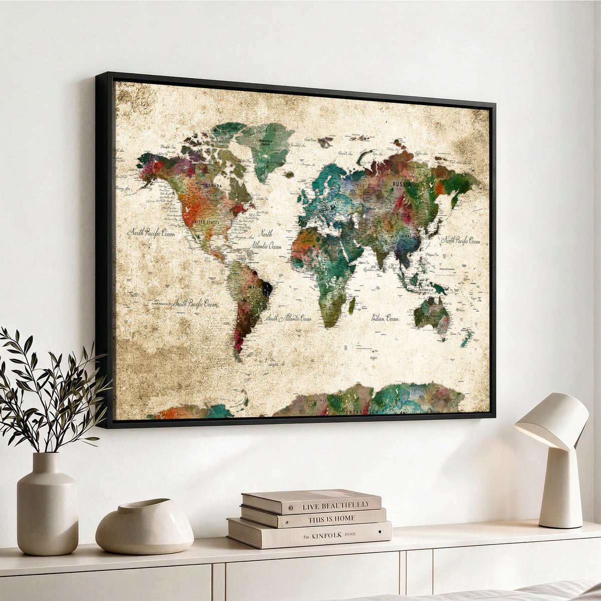 87544591-MGV-CV-36X24 - World Map Wall Art Canvas Print, Modern Decorative Framed Map Artwork Prints for Living Room, Office, Bedroom Wall Decor