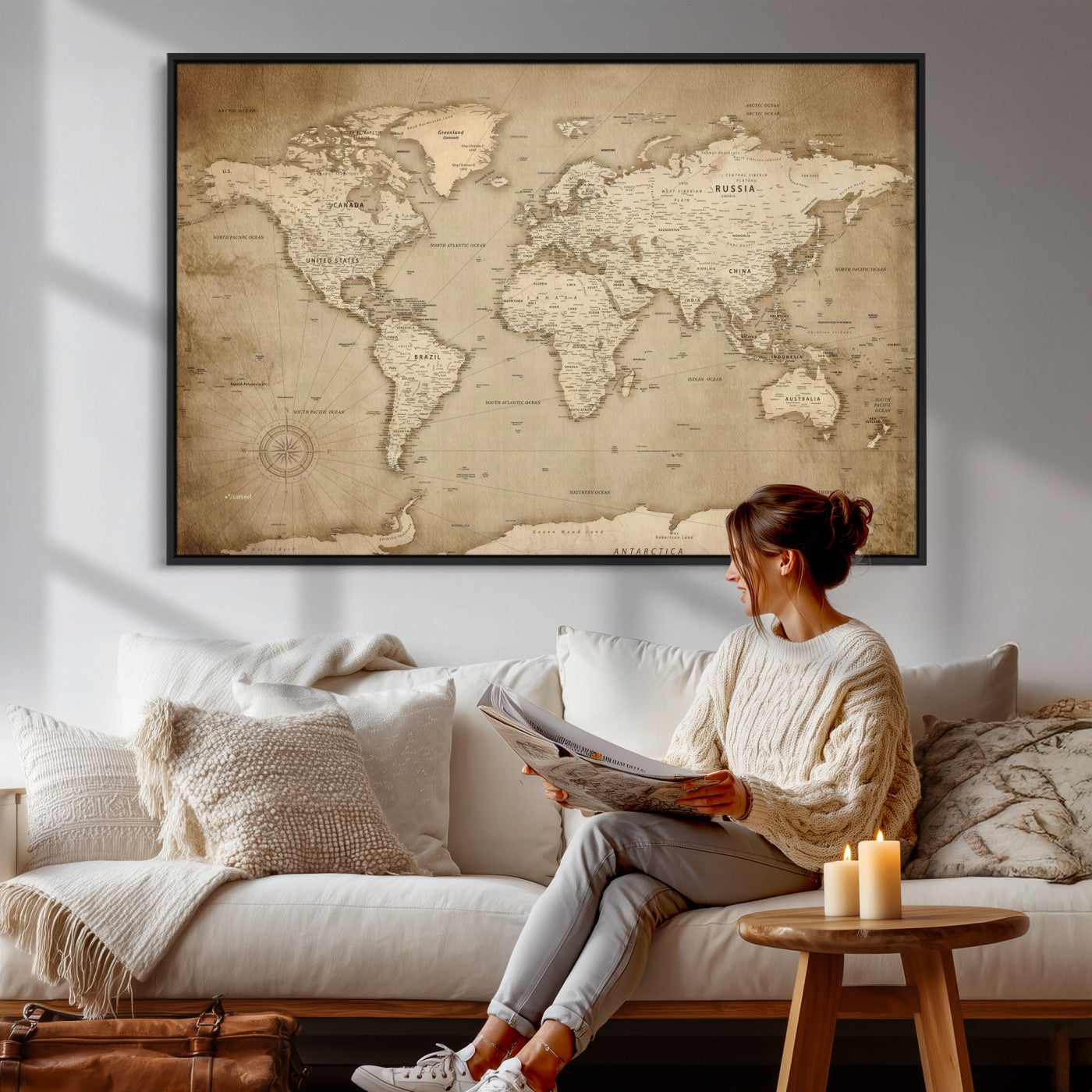 34795134-MGV-CV-36X24 - World Map Wall Art Canvas Print, Modern Decorative Framed Map Artwork Prints for Living Room, Office, Bedroom Wall Decor