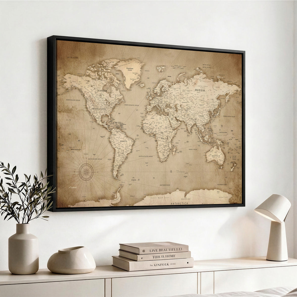 34795134-MGV-CV-36X24 - World Map Wall Art Canvas Print, Modern Decorative Framed Map Artwork Prints for Living Room, Office, Bedroom Wall Decor