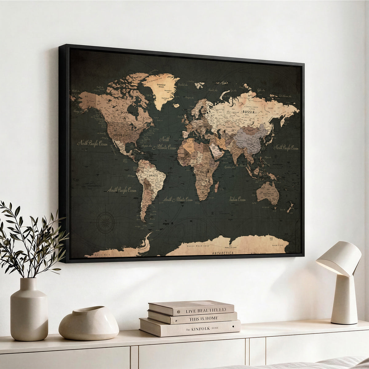 62059333-MGV-CV-36X24 - World Map Wall Art Canvas Print, Modern Decorative Framed Map Artwork Prints for Living Room, Office, Bedroom Wall Decor