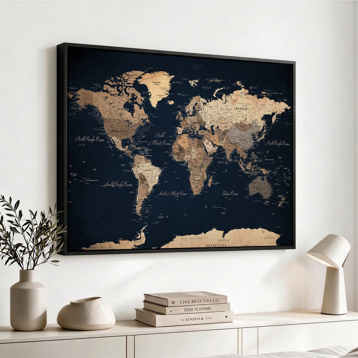 53971530-MGV-CV-36X24 - World Map Wall Art Canvas Print, Modern Decorative Framed Map Artwork Prints for Living Room, Office, Bedroom Wall Decor