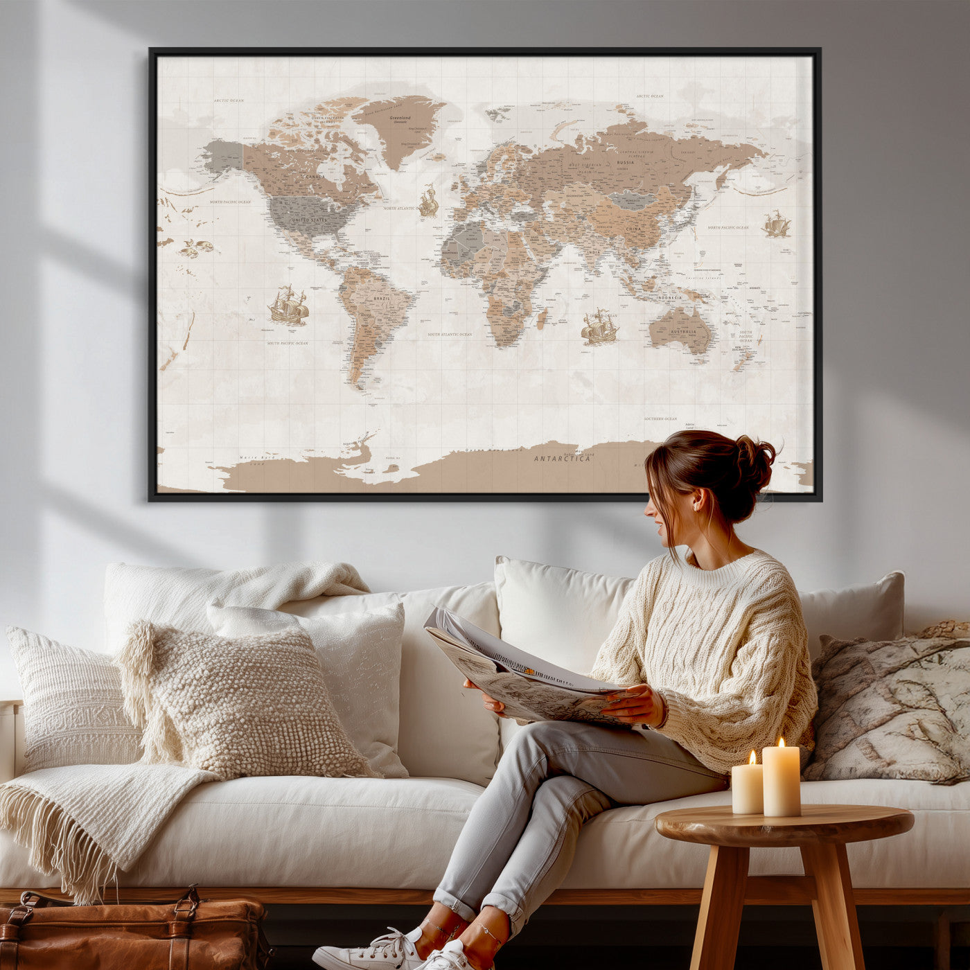 85057279-MGV-CV-36X24 - World Map Wall Art Canvas Print, Modern Decorative Framed Map Artwork Prints for Living Room, Office, Bedroom Wall Decor