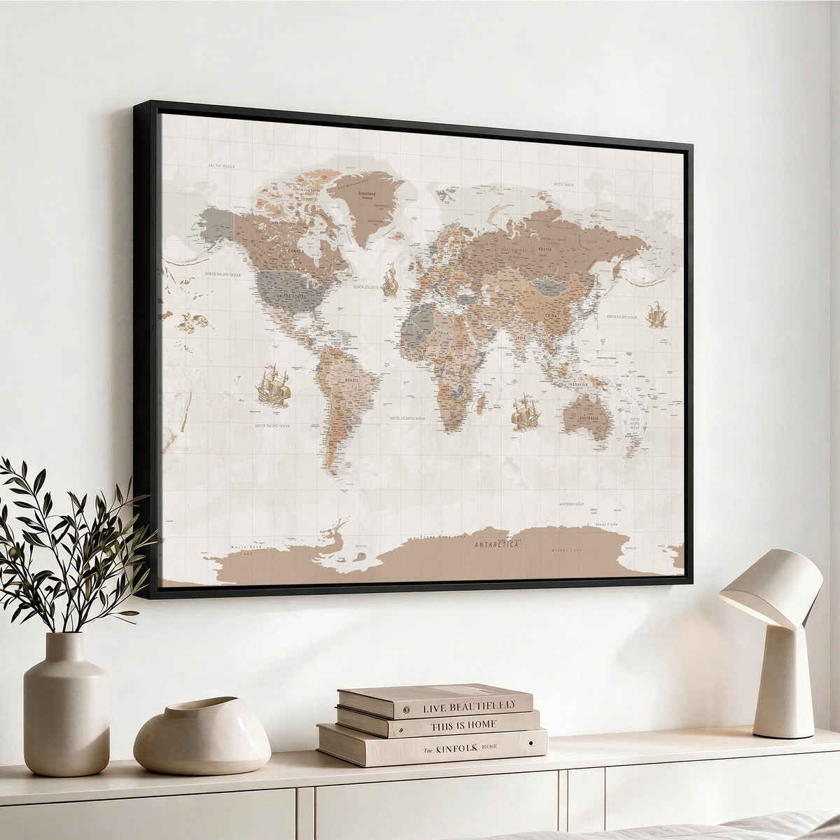 85057279-MGV-CV-36X24 - Framed Large World Map Canvas Print for Office Decor