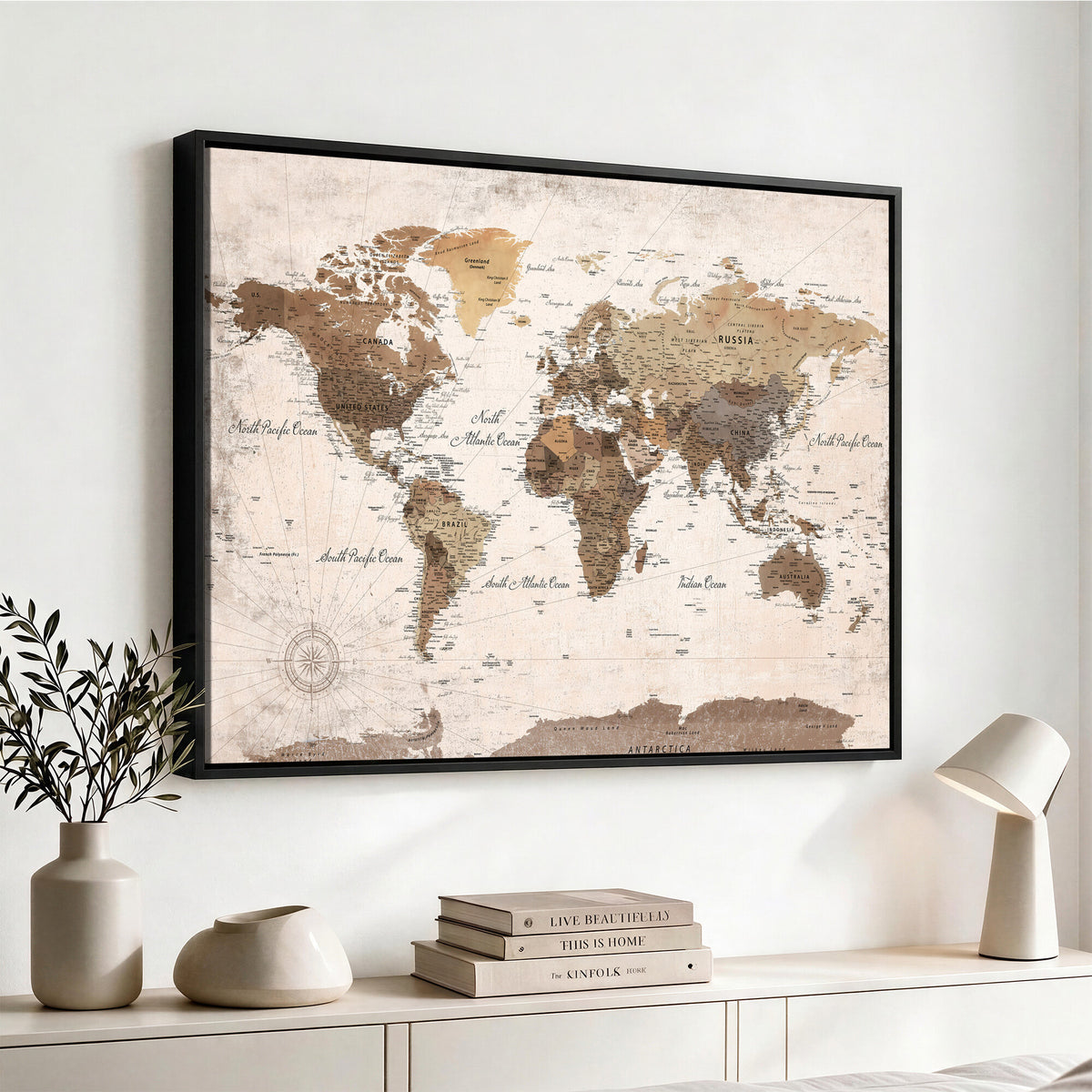 38923639-MGV-CV-36X24 - World Map Wall Art Canvas Print, Modern Decorative Framed Map Artwork Prints for Living Room, Office, Bedroom Wall Decor