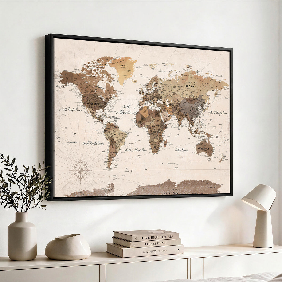 69860078-MGV-CV-36X24 - World Map Wall Art Canvas Print, Modern Decorative Framed Map Artwork Prints for Living Room, Office, Bedroom Wall Decor