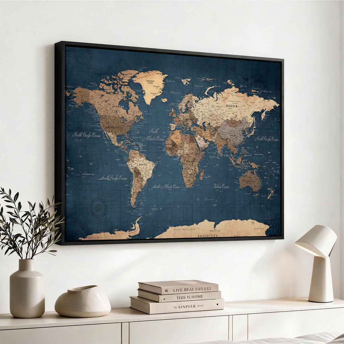 69886352-MGV-CV-36X24 - World Map Wall Art Canvas Print, Modern Decorative Framed Map Artwork Prints for Living Room, Office, Bedroom Wall Decor