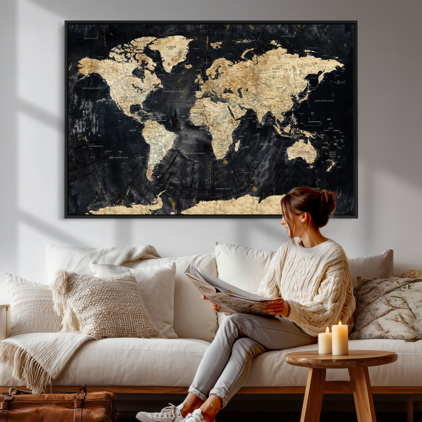 45535041-MGV-CV-36X24 - World Map Wall Art Canvas Print, Modern Decorative Framed Map Artwork Prints for Living Room, Office, Bedroom Wall Decor