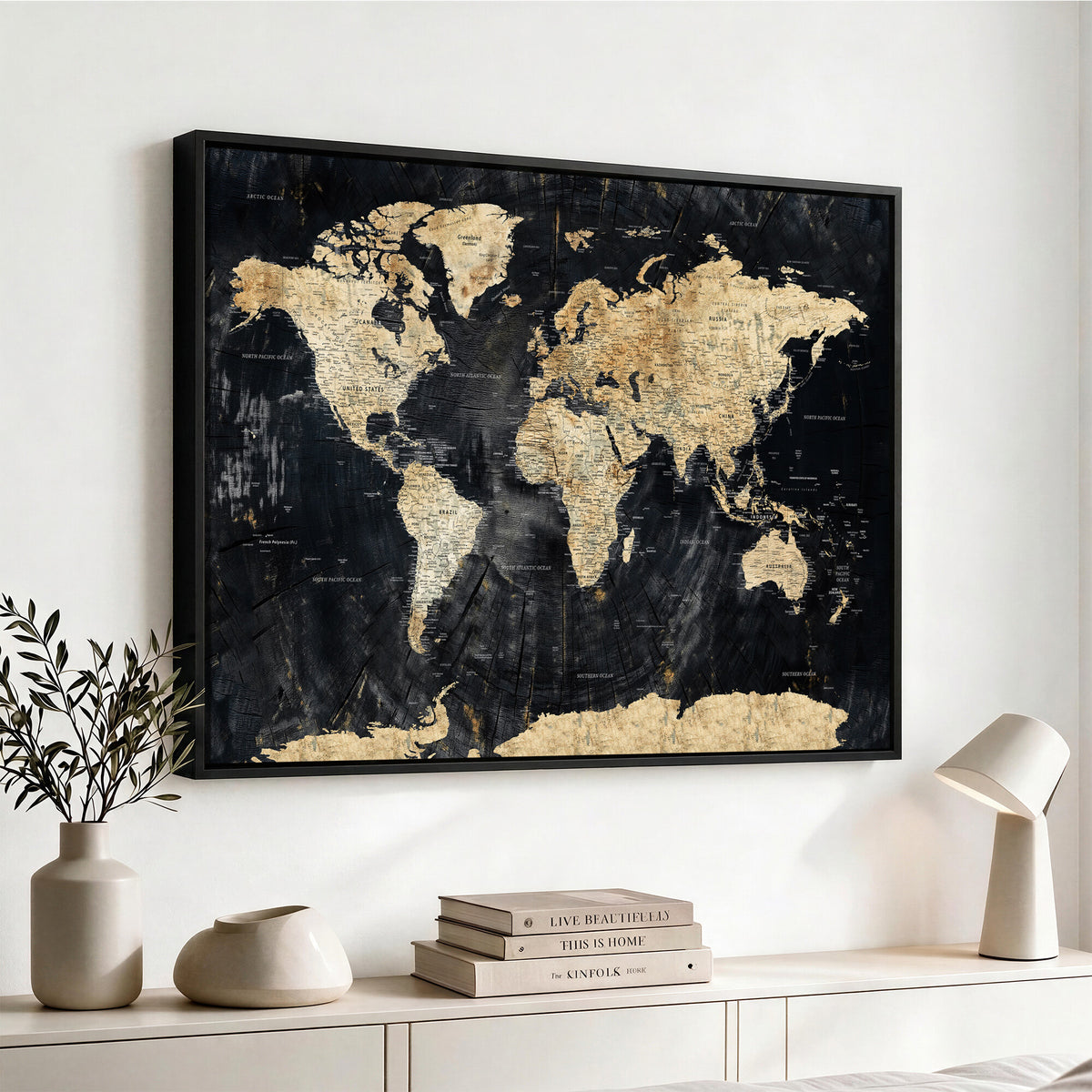 45535041-MGV-CV-36X24 - Framed Large World Map Wall Art Canvas Print for Living Room