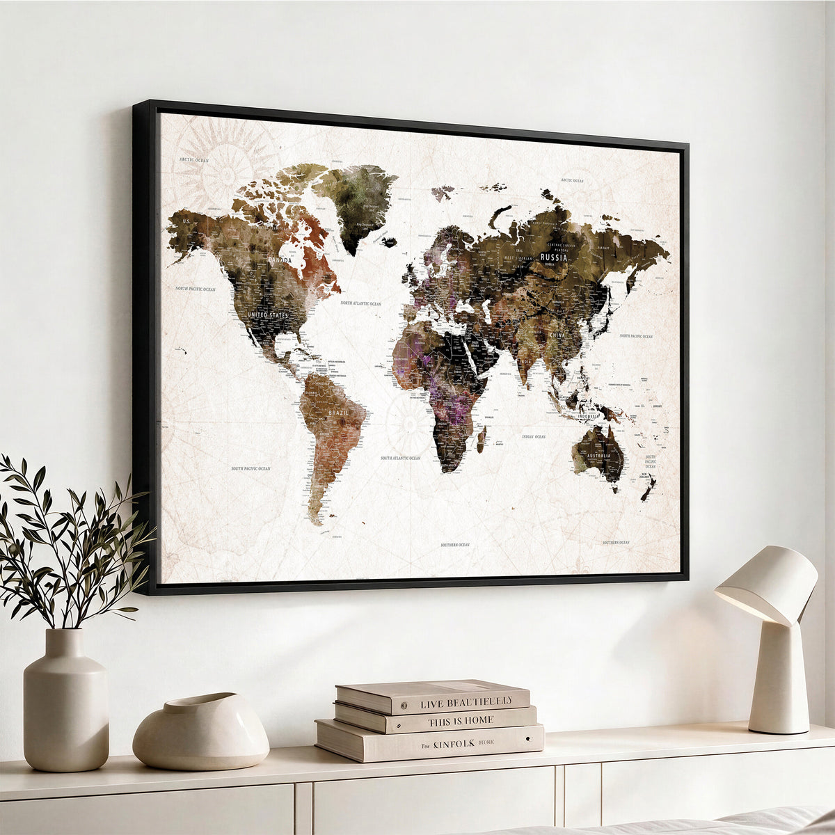 77651968-MGV-CV-36X24 - Watercolor World Map Print - Large Wall Art Canvas Print for
