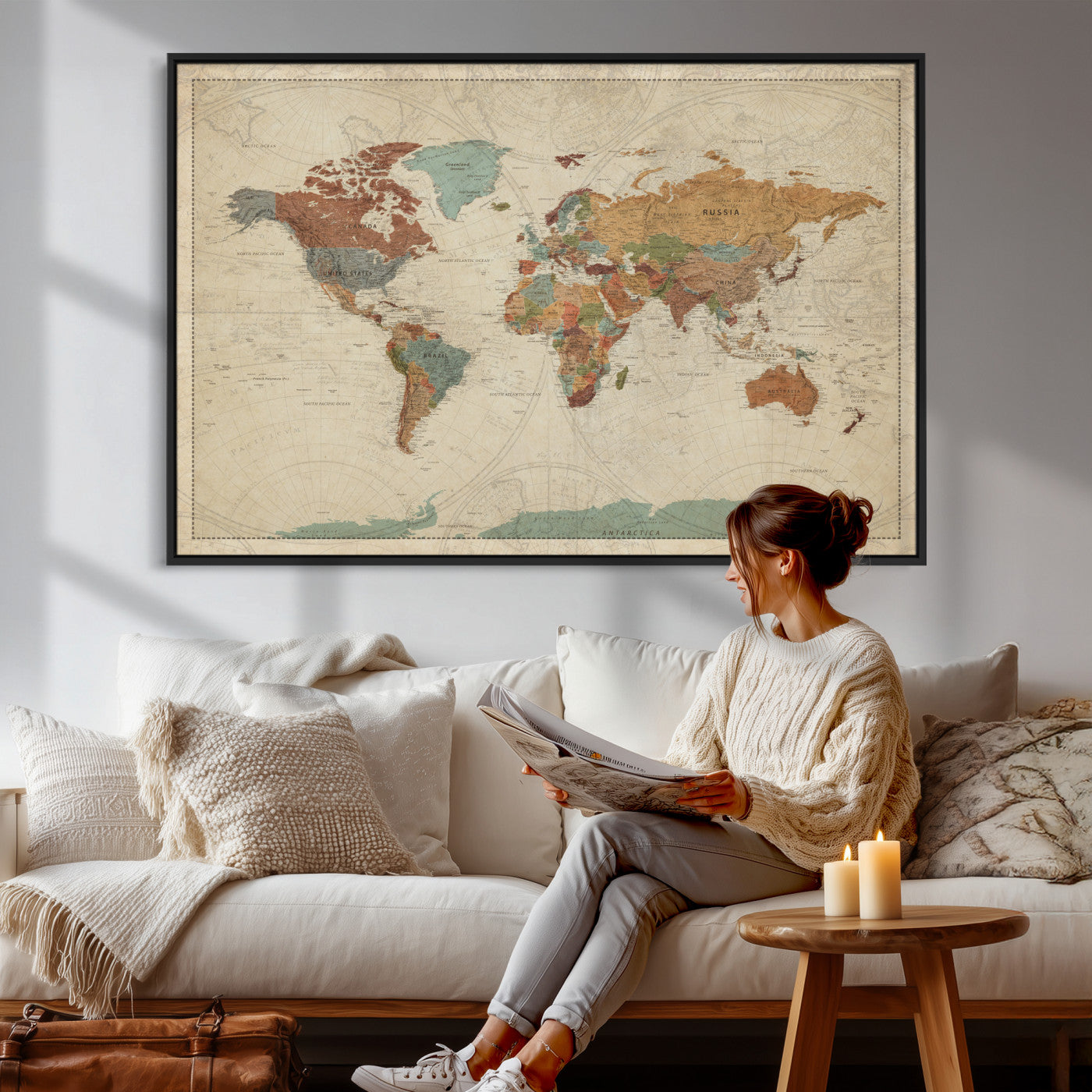 68428598-MGV-CV-36X24 - World Map Wall Art Canvas Print, Modern Decorative Framed Map Artwork Prints for Living Room, Office, Bedroom Wall Decor