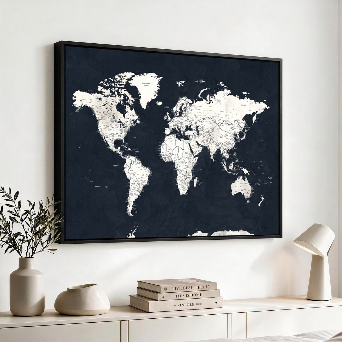 11963807-MGV-CV-36X24 - Black World Map Wall Art Canvas Print for Home Office and Meeting Room Decor