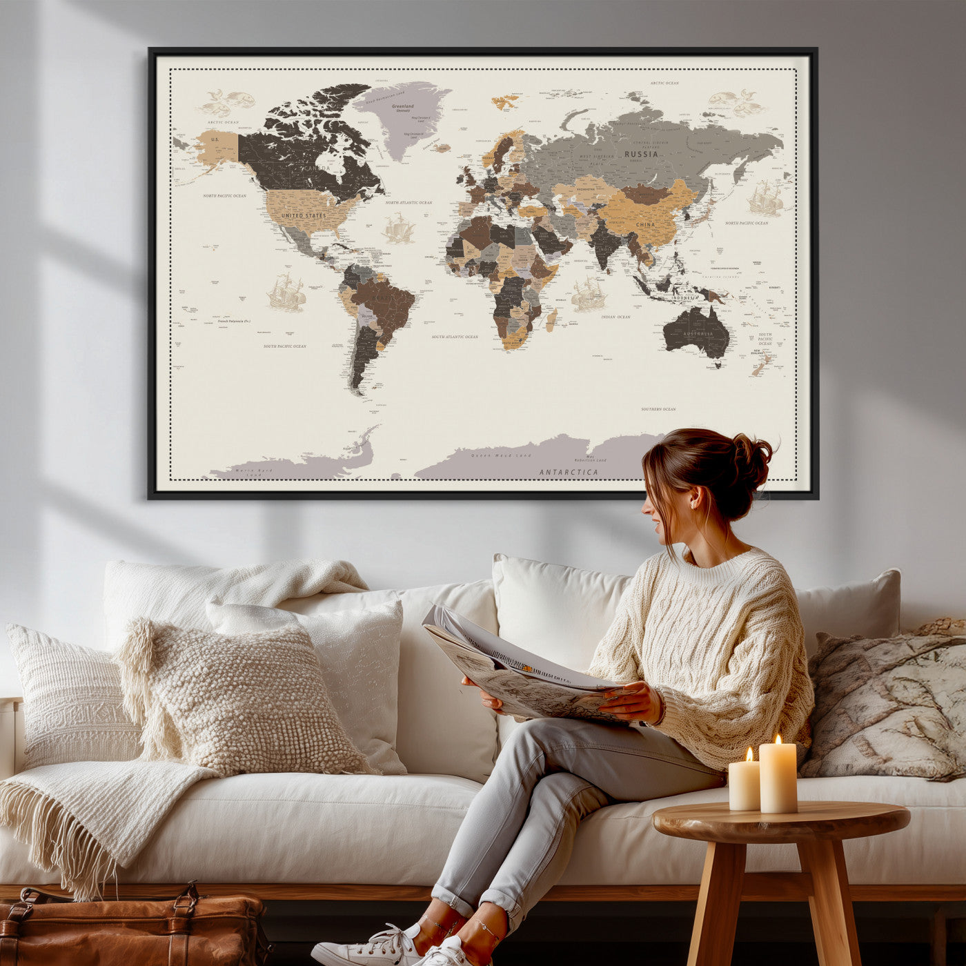 58777746-MGV-CV-36X24 - World Map Wall Art Canvas Print, Modern Decorative Framed Map Artwork Prints for Living Room, Office, Bedroom Wall Decor