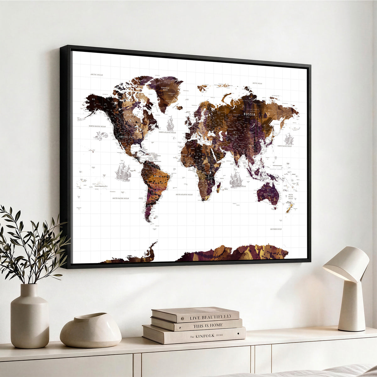 34792695-MGV-CV-36X24 - Rustic World Map Wall Art Canvas Print | Large Vintage Blue World Map on Wood Grain Style Background