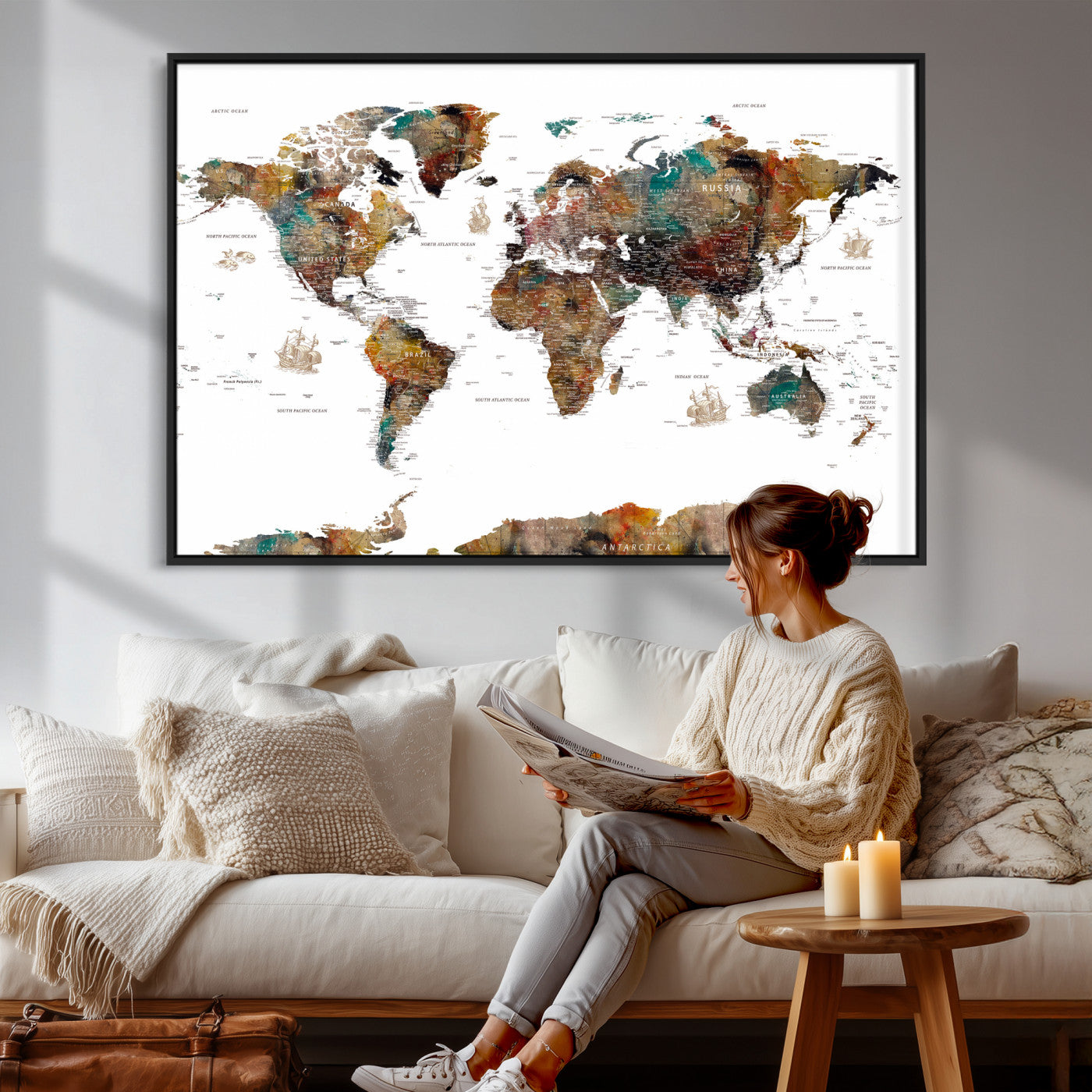 82293175-MGV-CV-36X24 - World Map Wall Art Canvas Print, Modern Decorative Framed Map Artwork Prints for Living Room, Office, Bedroom Wall Decor