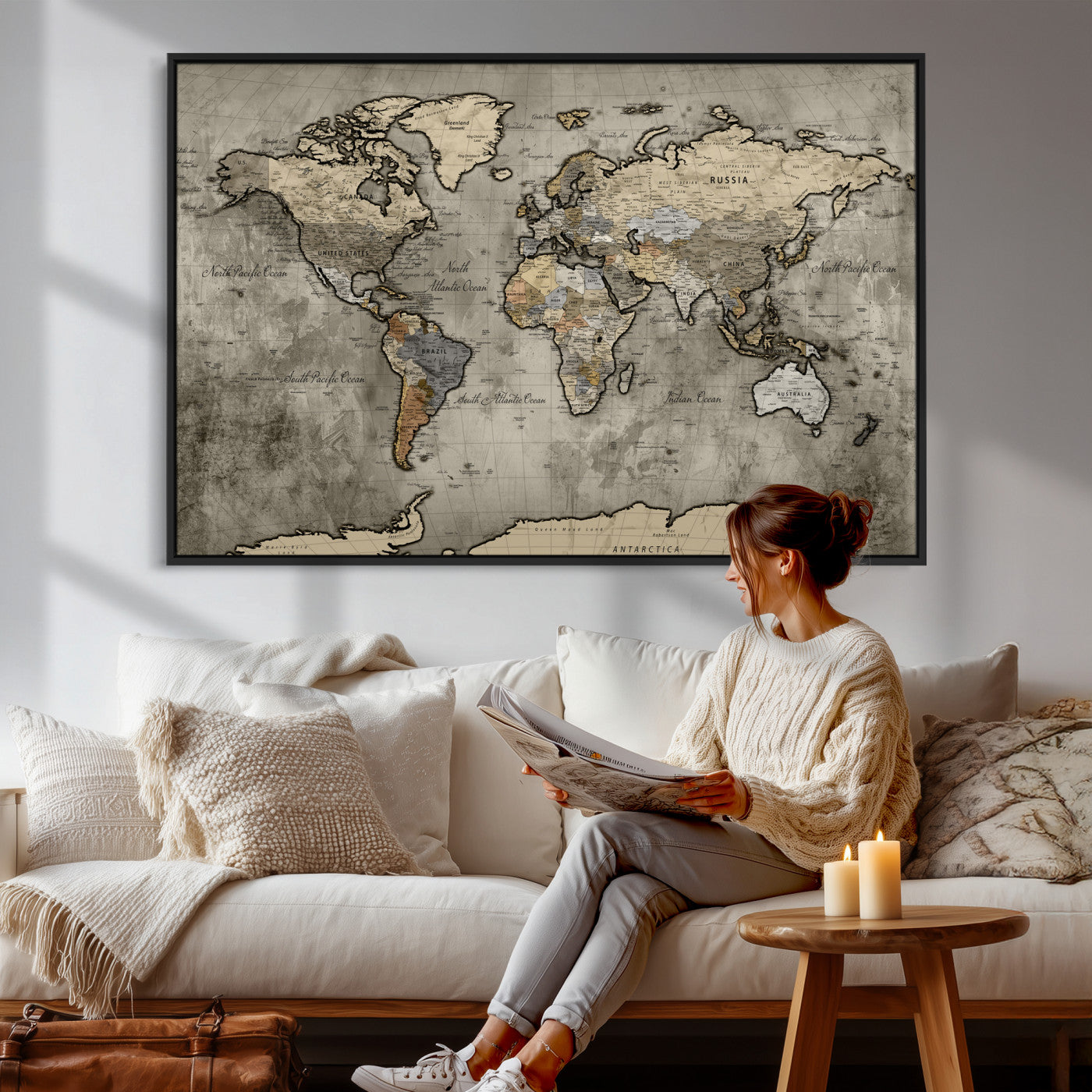 85218700-MGV-CV-36X24 - World Map Wall Art Canvas Print, Modern Decorative Framed Map Artwork Prints for Living Room, Office, Bedroom Wall Decor