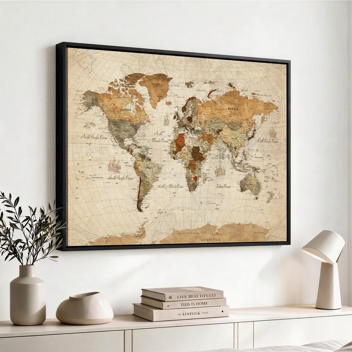 29684537-MGV-CV-36X24 - Vintage World Map Canvas Print, Framed Rustic Detailed Map of the World, Explorer Decor