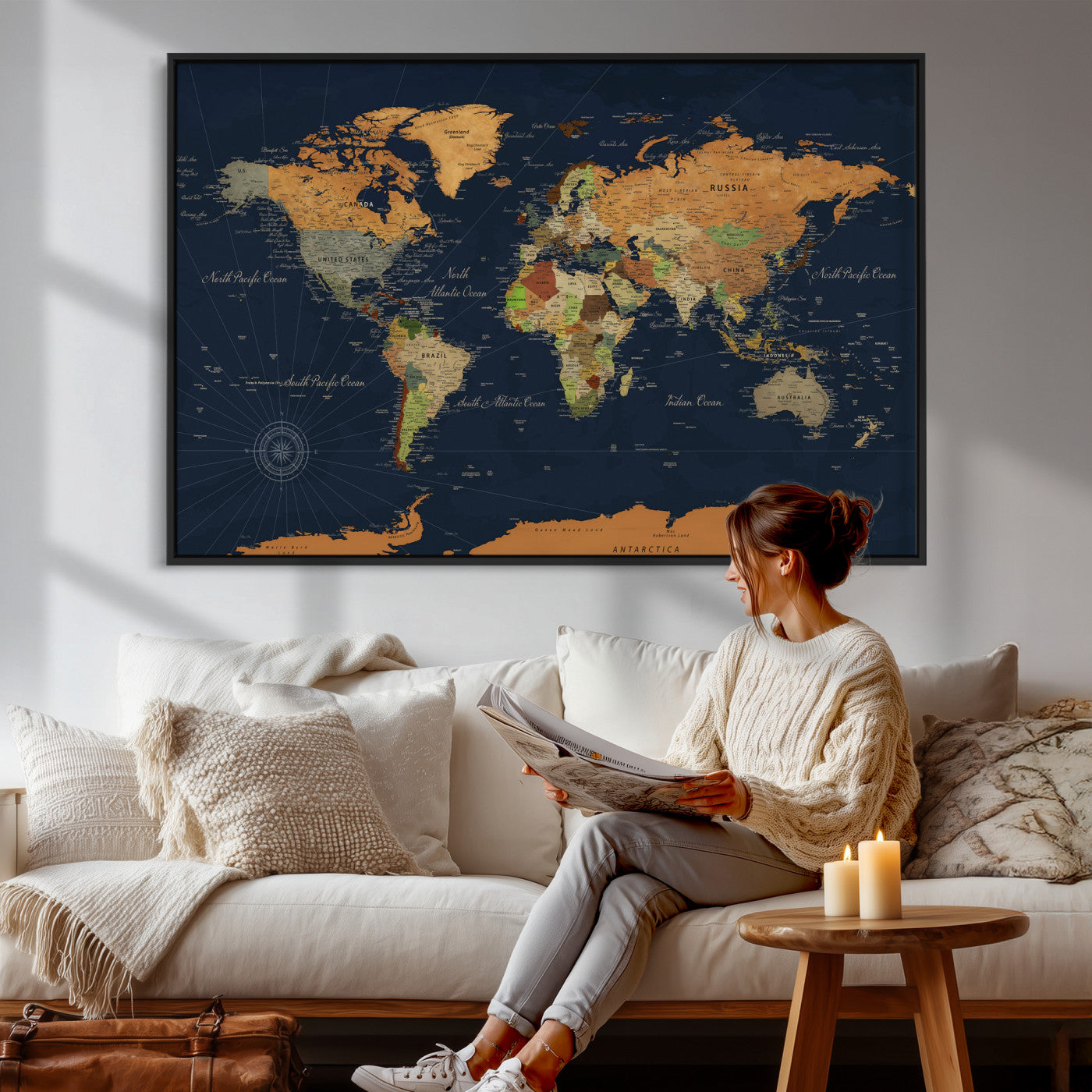 11715182-MGV-CV-36X24 - World Map Wall Art Canvas Print, Modern Decorative Framed Map Artwork Prints for Living Room, Office, Bedroom Wall Decor