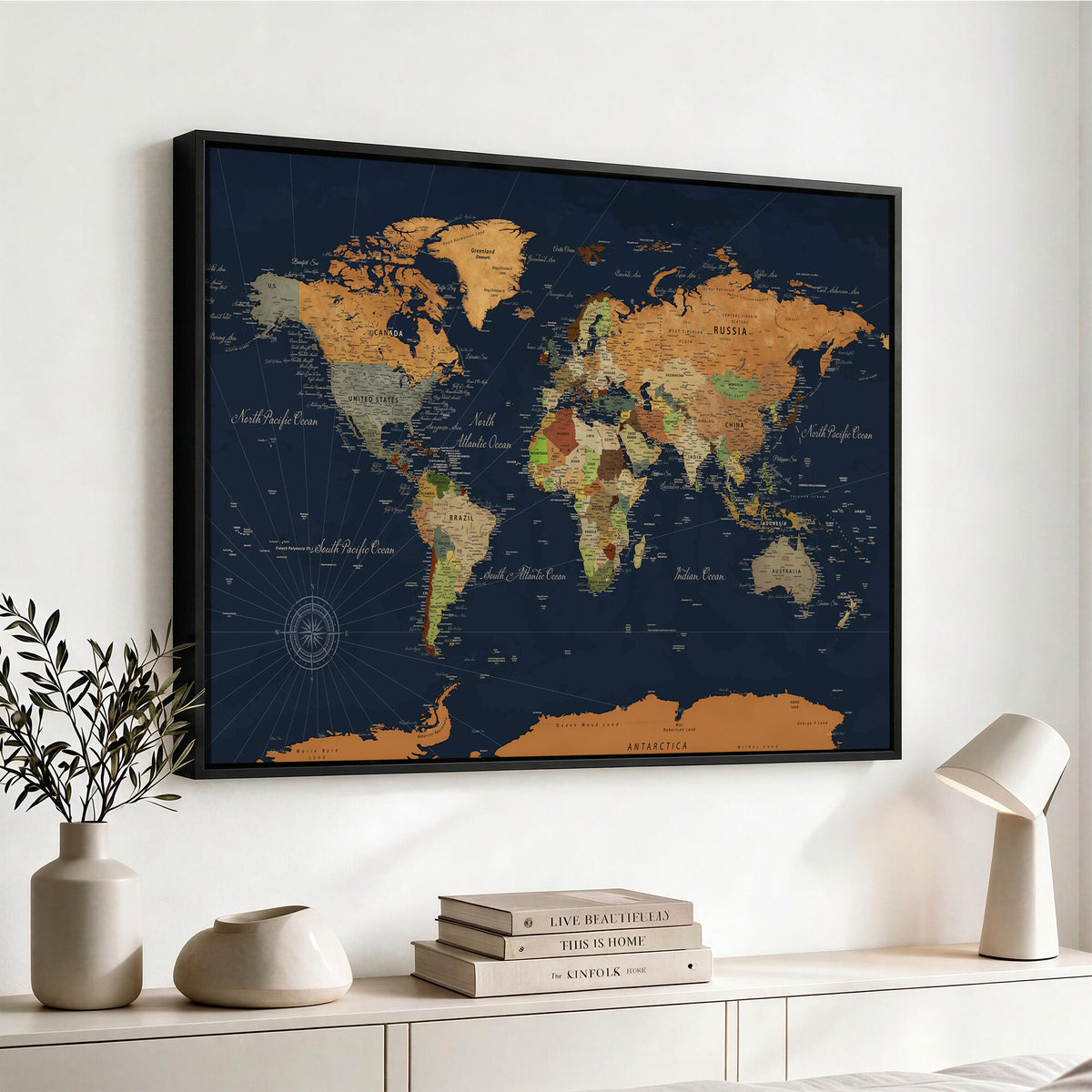 11715182-MGV-CV-36X24 - Modern World Map Canvas Print, Framed Detailed Map of the World Wall Art