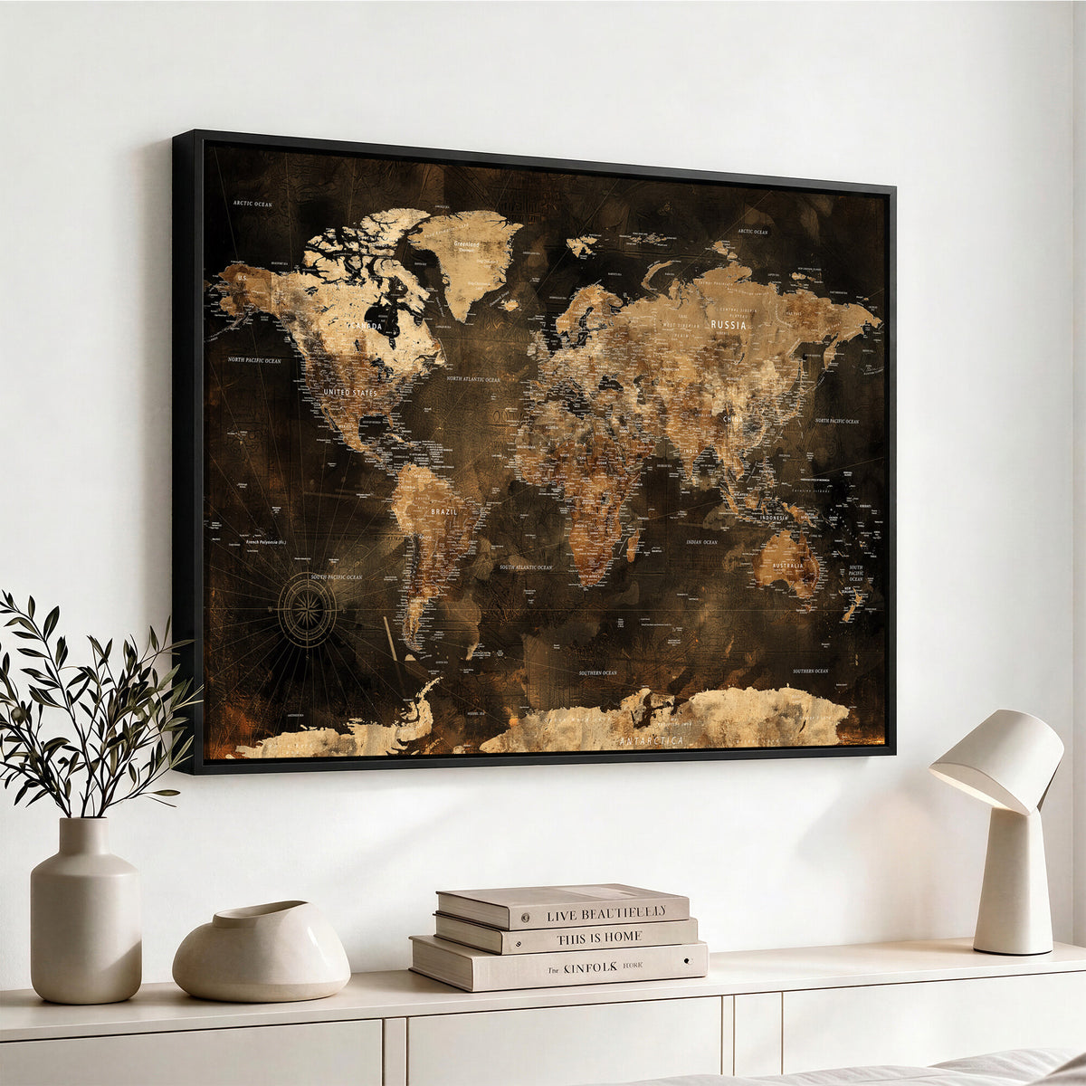97742922-MGV-CV-36X24 - World Map Canvas Print, Modern Decorative Framed Map Artwork
