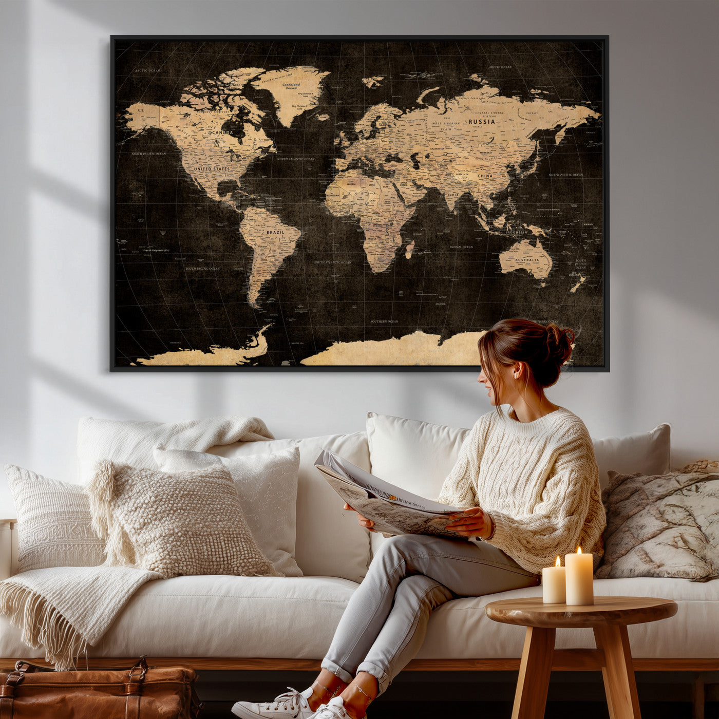 17790470-MGV-CV-36X24 - World Map Wall Art Canvas Print, Modern Decorative Framed Map Artwork Prints for Living Room, Office, Bedroom Wall Decor