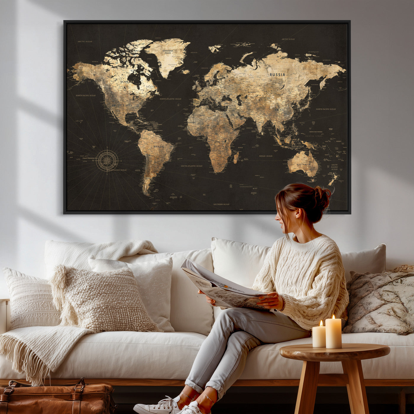70985630-MGV-CV-36X24 - World Map Wall Art Canvas Print, Modern Decorative Framed Map Artwork Prints for Living Room, Office, Bedroom Wall Decor