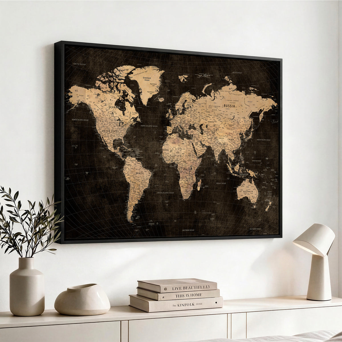 15118265-MGV-CV-36X24 - Brown World Map Canvas Print | Modern Travel Map Wall Art