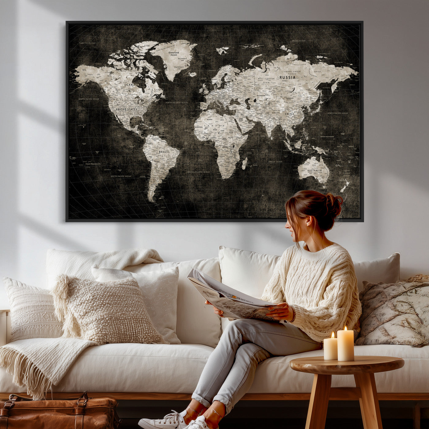 94581666-MGV-CV-36X24 - World Map Wall Art Canvas Print, Modern Decorative Framed Map Artwork Prints for Living Room, Office, Bedroom Wall Decor