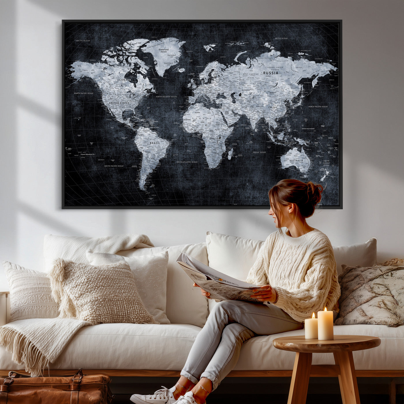 86893704-MGV-CV-36X24 - World Map Wall Art Canvas Print, Modern Decorative Framed Map Artwork Prints for Living Room, Office, Bedroom Wall Decor