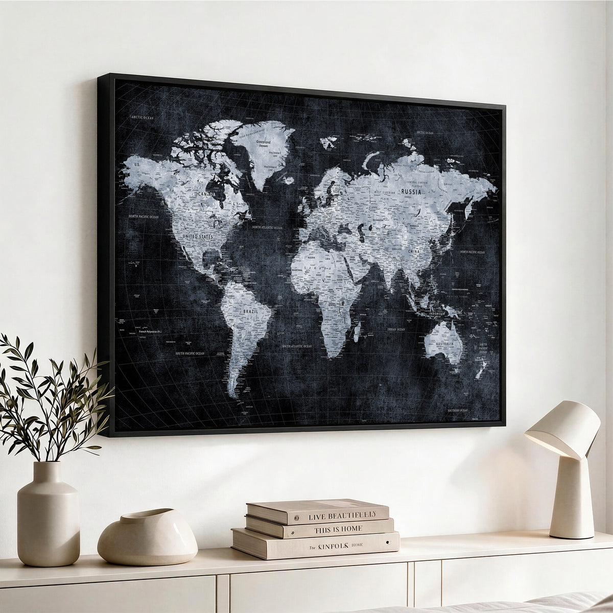86893704-MGV-CV-36X24 - Black World Map Canvas Print | Detailed Map for Couples and Anniversary Gift
