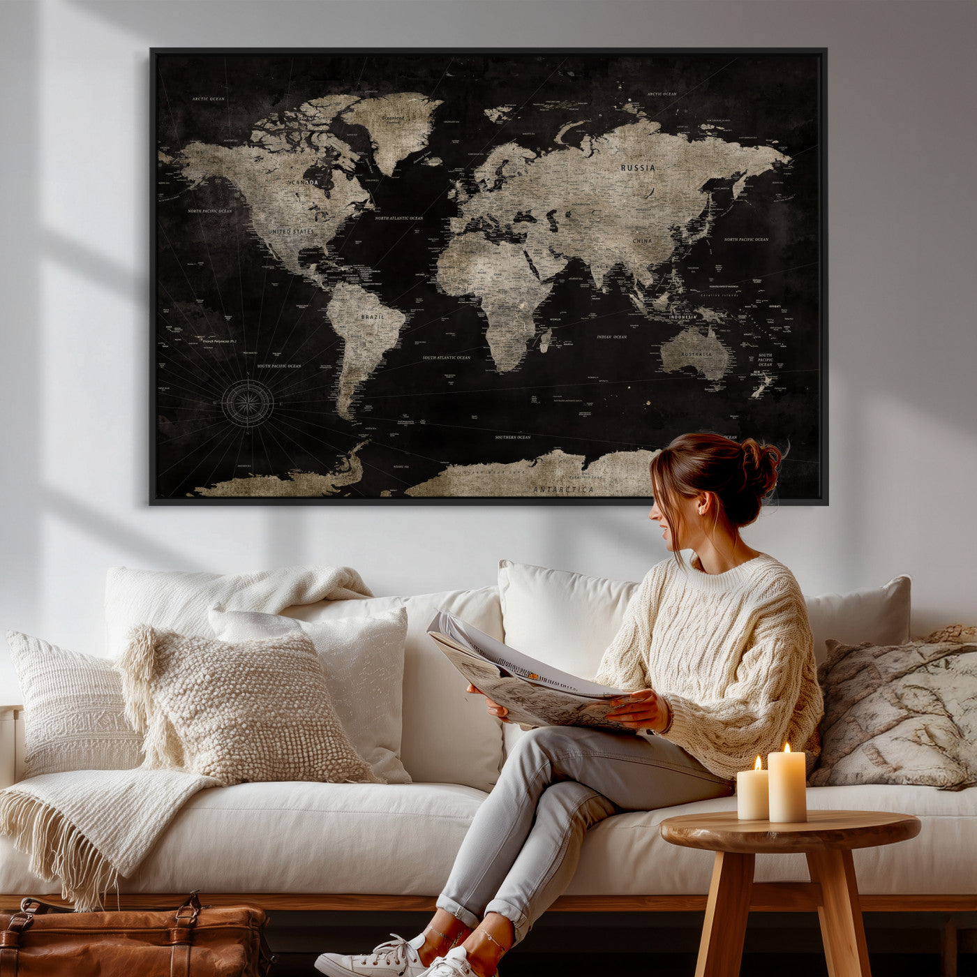 56225956-MGV-CV-36X24 - World Map Wall Art Canvas Print, Modern Decorative Framed Map Artwork Prints for Living Room, Office, Bedroom Wall Decor