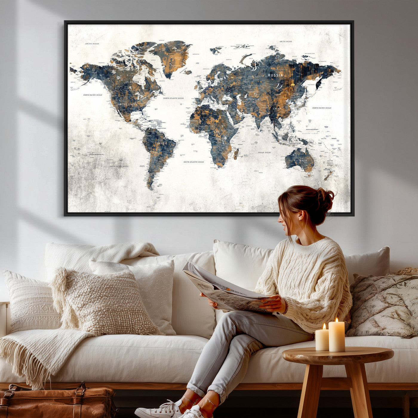 52451147-MGV-CV-36X24 - World Map Wall Art Canvas Print, Modern Decorative Framed Map Artwork Prints for Living Room, Office, Bedroom Wall Decor