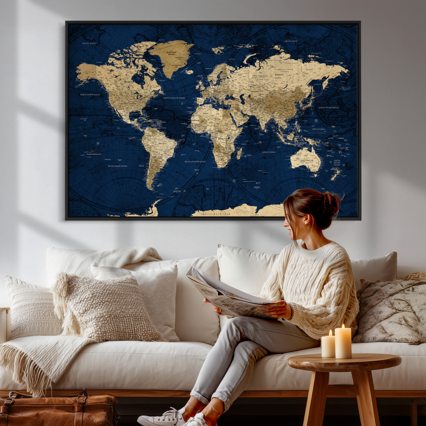 54770746-MGV-CV-36X24 - World Map Wall Art Canvas Print, Modern Decorative Framed Map Artwork Prints for Living Room, Office, Bedroom Wall Decor
