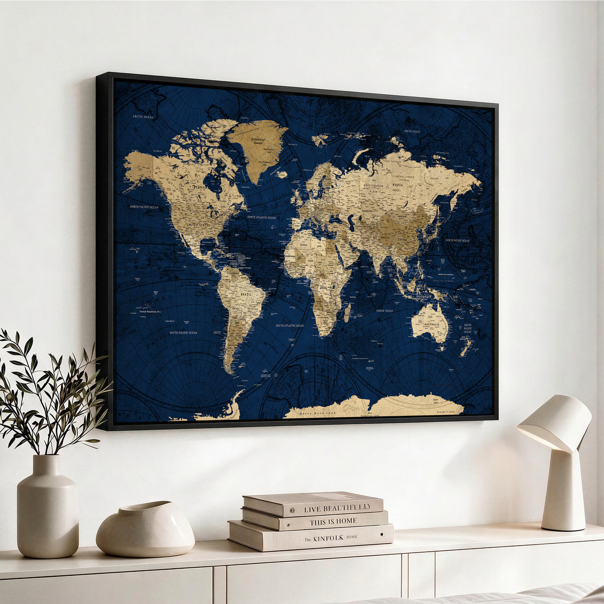 54770746-MGV-CV-36X24 - Navy Blue World Map Canvas Print – Detailed Map Minimal Navy