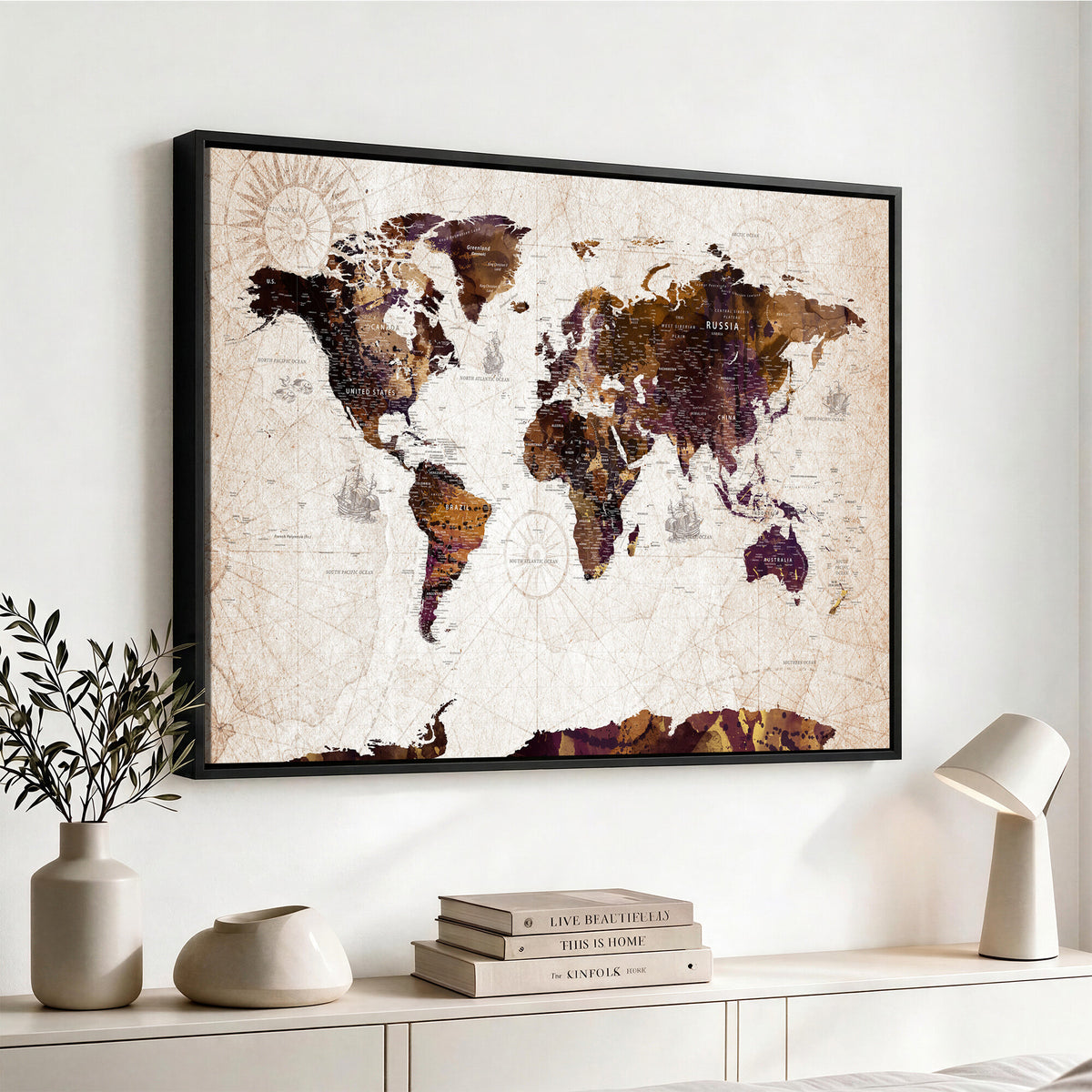 53400857-MGV-CV-36X24 - Blue Watercolor World Map Canvas Print – Framed Modern Wall