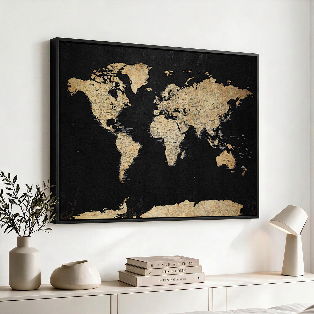 71518849-MGV-CV-36X24 - Beige World Map Canvas Wall Art Print, Minimal Black and