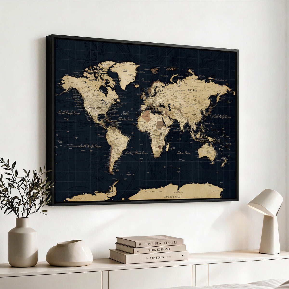 45063434-MGV-CV-36X24 - Dark World Map Canvas Wall Art Print, Minimal Black and Gold Map