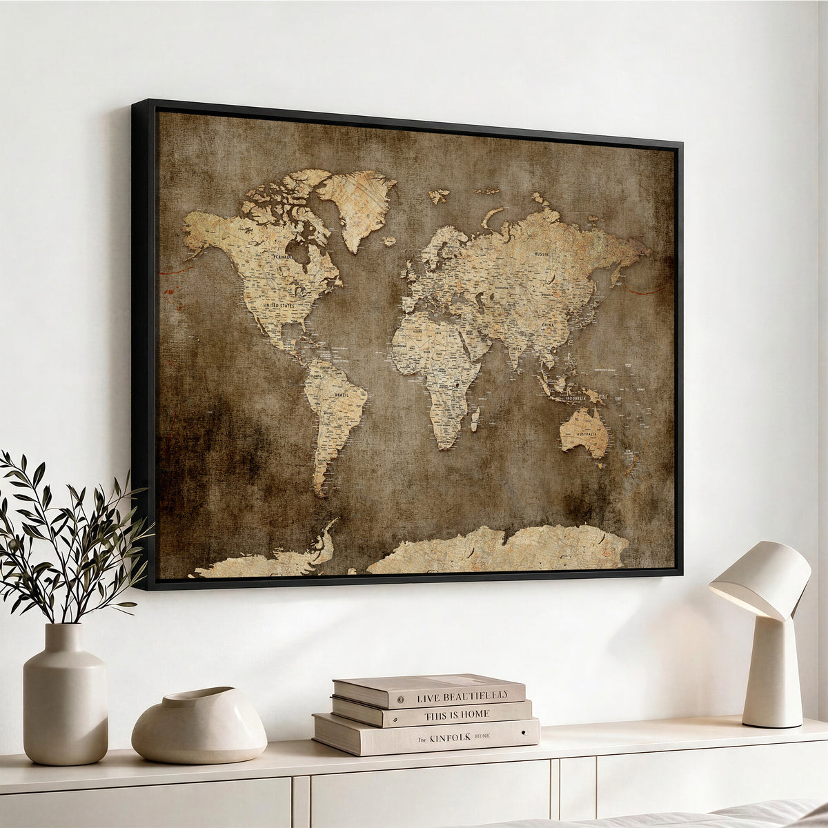 35847542-MGV-CV-36X24 - Dark Vintage World Map Canvas Wall Art Print, Antique Map